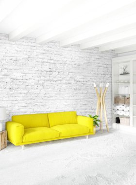 Modern yatak odası sarı kanepe lüks en az tarzı iç çatı tasarımı ile eklektik duvar. 3D render.
