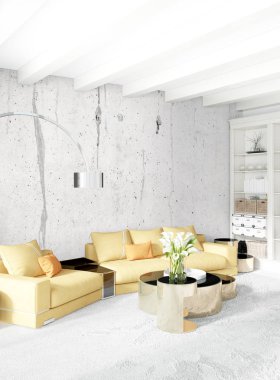 Modern yatak odası sarı kanepe lüks en az tarzı iç çatı tasarımı ile eklektik duvar. 3D render.