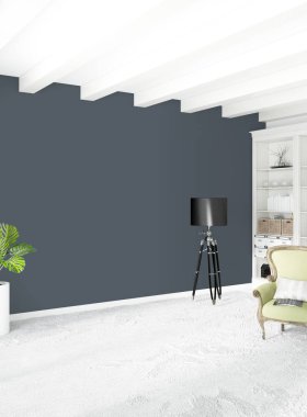 Beyaz yatak odası en az stil iç tasarım ahşap duvar ve gri Kanepeli. 3D render.