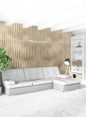 Beyaz yatak odası en az stil iç tasarım ahşap duvar ve gri Kanepeli. 3D render.