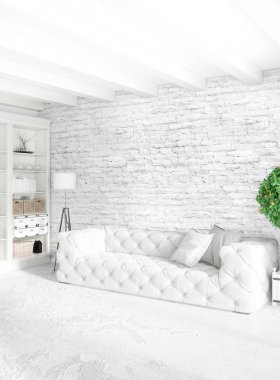 Beyaz yatak odası en az stil iç tasarım ahşap duvar ve gri Kanepeli. 3D render.