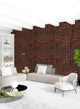 Beyaz yatak odası en az stil iç tasarım ahşap duvar ve gri Kanepeli. 3D render.