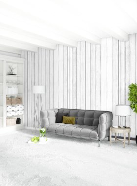 Beyaz yatak odası en az stil iç tasarım ahşap duvar ve gri Kanepeli. 3D render.