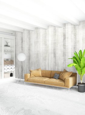 Beyaz yatak odası en az stil iç tasarım ahşap duvar ve gri Kanepeli. 3D render.