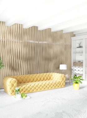 Modern yatak odası sarı kanepe lüks en az tarzı iç çatı tasarımı ile eklektik duvar. 3D render.