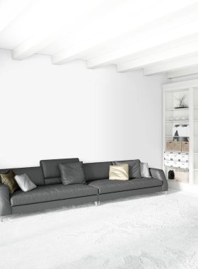 Beyaz yatak odası en az stil iç tasarım ahşap duvar ve gri Kanepeli. 3D render.