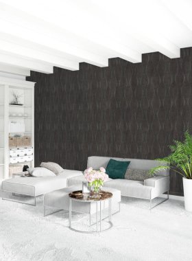 Beyaz yatak odası en az stil iç tasarım ahşap duvar ve gri Kanepeli. 3D render.