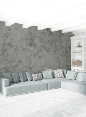 Beyaz yatak odası en az stil iç tasarım ahşap duvar ve gri Kanepeli. 3D render.