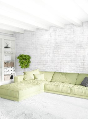 Beyaz yatak odası en az stil iç tasarım ahşap duvar ve gri Kanepeli. 3D render.