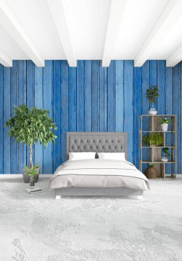 Beyaz yatak odası en az stil iç tasarım ahşap duvar ve gri Kanepeli. 3D render.