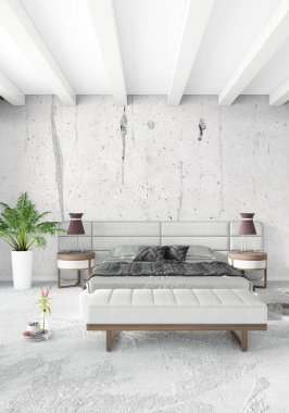 Beyaz yatak odası en az stil iç tasarım ahşap duvar ve gri Kanepeli. 3D render.