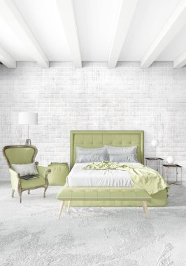 Beyaz yatak odası en az stil iç tasarım ahşap duvar ve gri Kanepeli. 3D render.