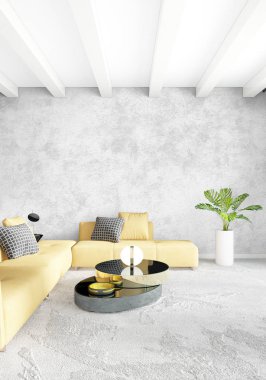 Modern yatak odası sarı kanepe lüks en az tarzı iç çatı tasarımı ile eklektik duvar. 3D render.