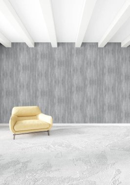 Modern yatak odası sarı kanepe lüks en az tarzı iç çatı tasarımı ile eklektik duvar. 3D render.