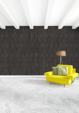 Modern yatak odası sarı kanepe lüks en az tarzı iç çatı tasarımı ile eklektik duvar. 3D render.