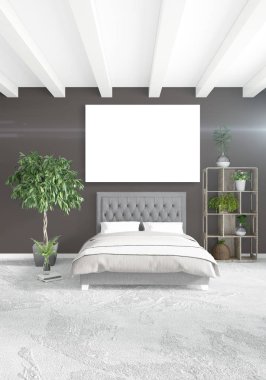 Beyaz yatak odası en az stil iç tasarım ahşap duvar ve gri Kanepeli. 3D render.