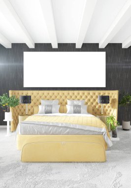 Modern yatak odası sarı kanepe lüks en az tarzı iç çatı tasarımı ile eklektik duvar. 3D render.