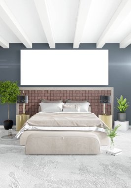 Beyaz yatak odası en az stil iç tasarım ahşap duvar ve gri Kanepeli. 3D render.