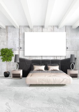 Beyaz yatak odası en az stil iç tasarım ahşap duvar ve gri Kanepeli. 3D render.