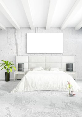 Beyaz yatak odası en az stil iç tasarım ahşap duvar ve gri Kanepeli. 3D render.