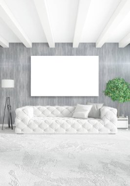 Beyaz yatak odası en az stil iç tasarım ahşap duvar ve gri Kanepeli. 3D render.