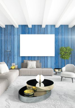 Beyaz yatak odası en az stil iç tasarım ahşap duvar ve gri Kanepeli. 3D render.