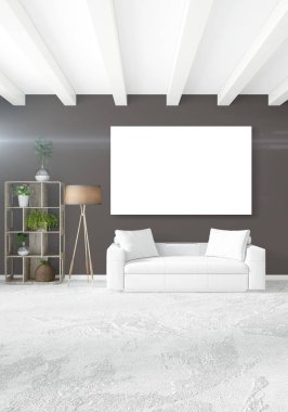 Beyaz yatak odası en az stil iç tasarım ahşap duvar ve gri Kanepeli. 3D render.