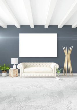 Beyaz yatak odası en az stil iç tasarım ahşap duvar ve gri Kanepeli. 3D render.