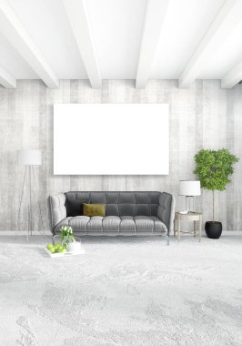 Beyaz yatak odası en az stil iç tasarım ahşap duvar ve gri Kanepeli. 3D render.