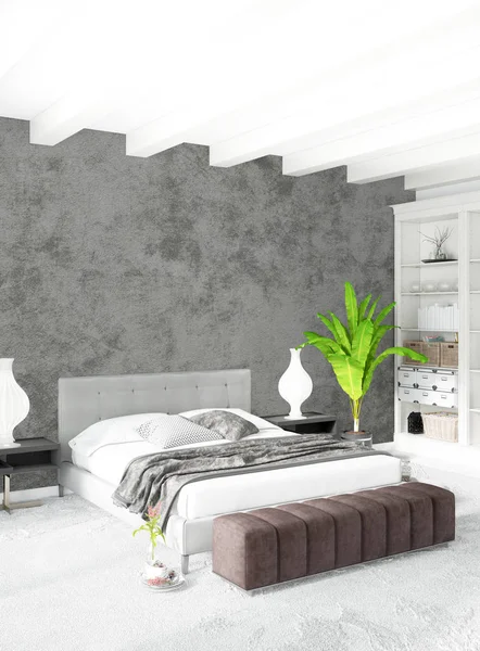 Beyaz yatak odası en az stil iç tasarım ahşap duvar ve gri Kanepeli. 3D render.