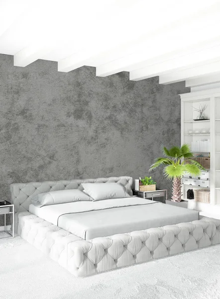 Quarto branco estilo mínimo Design de interiores com parede de madeira e sofá cinza. Renderização 3D . — Fotografia de Stock