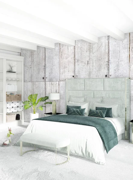 Beyaz yatak odası en az stil iç tasarım ahşap duvar ve gri Kanepeli. 3D render.