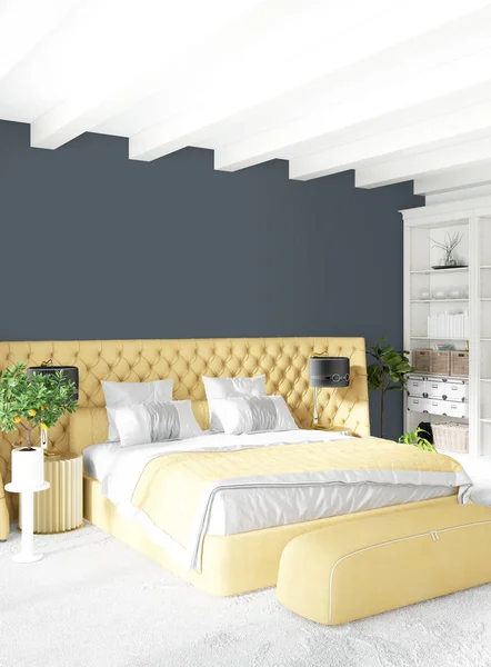 Sofá moderno dormitorio amarillo de lujo de estilo minimalista Diseño de loft interior con pared ecléctica. Renderizado 3D . —  Fotos de Stock