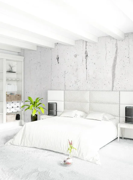 Camera da letto bianca dallo stile minimale Interior design con parete in legno e divano grigio. Rendering 3D . — Foto Stock