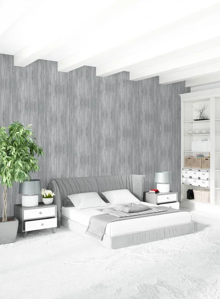 Beyaz yatak odası en az stil iç tasarım ahşap duvar ve gri Kanepeli. 3D render.