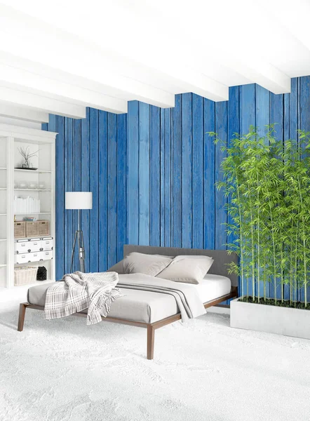 Beyaz yatak odası en az stil iç tasarım ahşap duvar ve gri Kanepeli. 3D render.