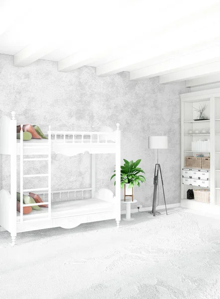 Beyaz yatak odası en az stil iç tasarım ahşap duvar ve gri Kanepeli. 3D render.