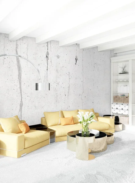 Modern yatak odası sarı kanepe lüks en az tarzı iç çatı tasarımı ile eklektik duvar. 3D render.