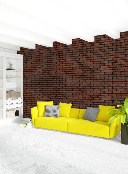 Modern yatak odası sarı kanepe lüks en az tarzı iç çatı tasarımı ile eklektik duvar. 3D render.