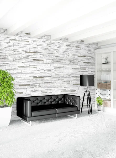 Kamar tidur putih desain minimal interior dengan dinding kayu dan sofa abu-abu. Perenderan 3D . — Stok Foto