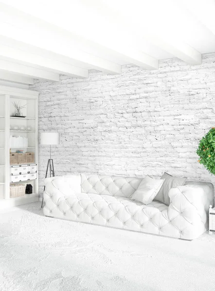 Beyaz yatak odası en az stil iç tasarım ahşap duvar ve gri Kanepeli. 3D render.