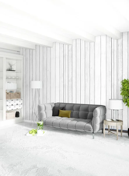 Beyaz yatak odası en az stil iç tasarım ahşap duvar ve gri Kanepeli. 3D render.