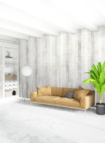 Beyaz yatak odası en az stil iç tasarım ahşap duvar ve gri Kanepeli. 3D render.