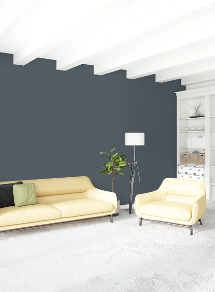 Chambre blanche style minimal Design intérieur avec mur en bois et canapé gris. Rendu 3D . — Photo