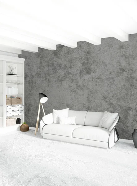 Chambre blanche style minimal Design intérieur avec mur en bois et canapé gris. Rendu 3D . — Photo