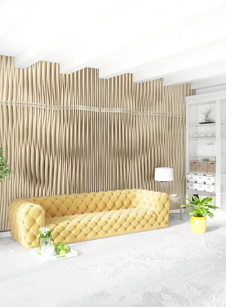 Modern yatak odası sarı kanepe lüks en az tarzı iç çatı tasarımı ile eklektik duvar. 3D render.