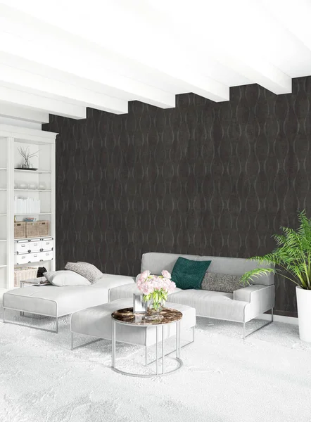 Beyaz yatak odası en az stil iç tasarım ahşap duvar ve gri Kanepeli. 3D render.