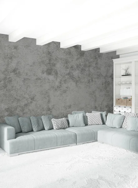 Beyaz yatak odası en az stil iç tasarım ahşap duvar ve gri Kanepeli. 3D render.