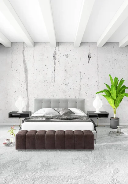 白い寝室ミニマル スタイルの内装で、木製の壁とグレーのソファー。3 d レンダリング. — ストック写真