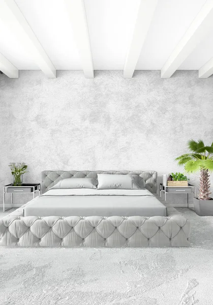 Beyaz yatak odası en az stil iç tasarım ahşap duvar ve gri Kanepeli. 3D render.